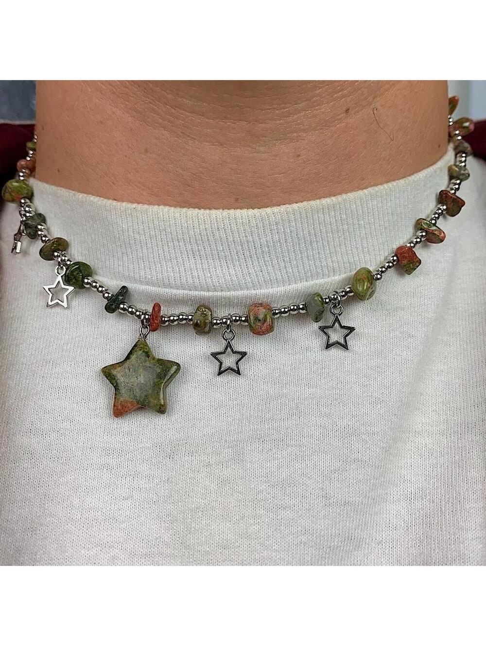 Y2k 2000s style Earth Tone Star Rock Silver Beaded Pendant Necklace. Chain is - Picture 3 of 8